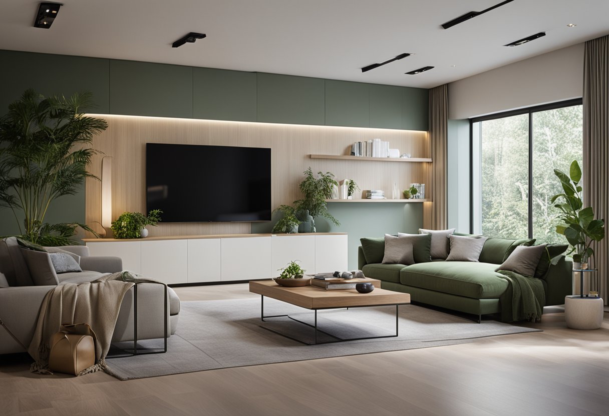 A modern living room with a large, L-shaped sofa facing a sleek entertainment center. The room features a mix of natural and artificial lighting, with a minimalist color palette and pops of greenery