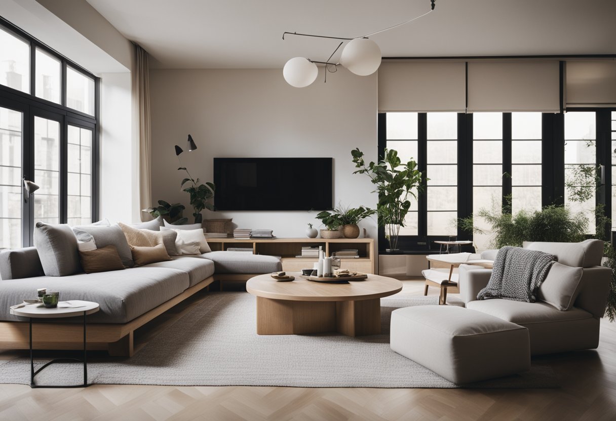 A cozy living room with minimalist furniture, neutral color palette, and natural light streaming through large windows