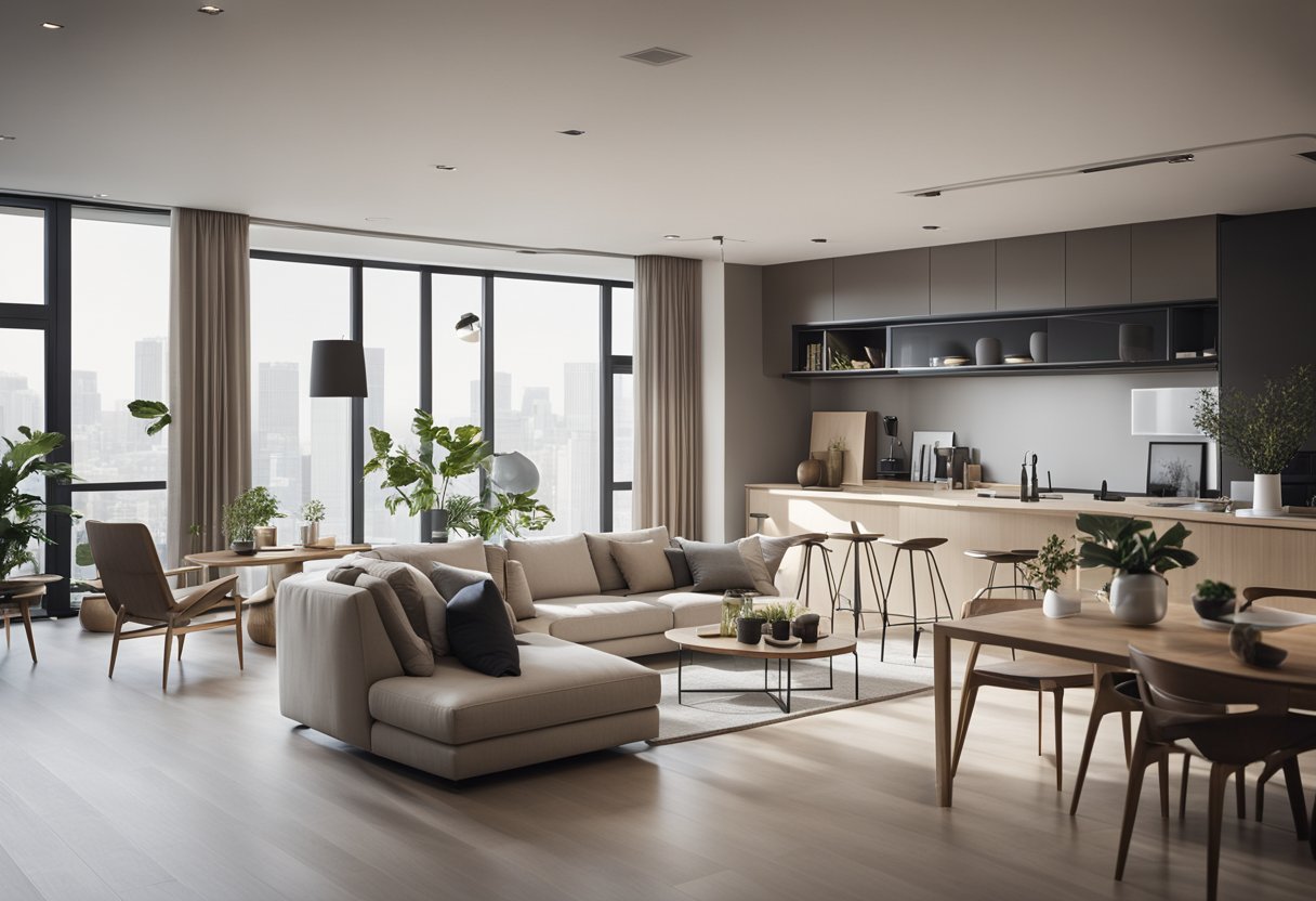 A modern, minimalist apartment with sleek furniture, neutral color palette, and clever storage solutions. Open floor plan and large windows create a sense of spaciousness