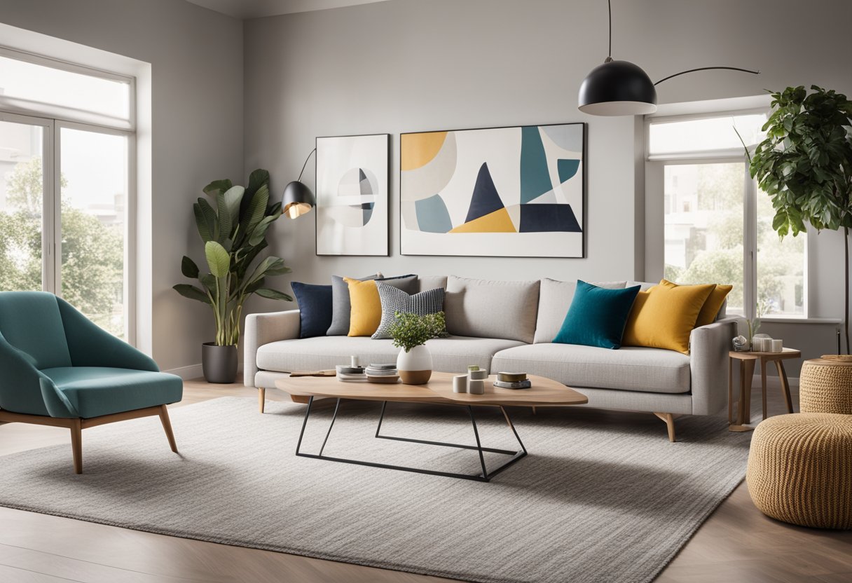 A modern living room with sleek furniture, geometric patterns, and pops of color. Natural light floods the space, highlighting the clean lines and open layout