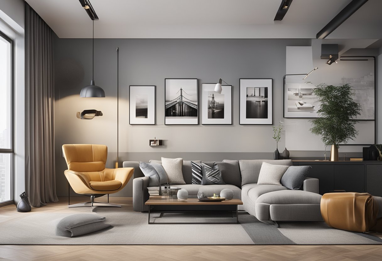 A modern, sleek interior with 3D drawings of furniture and decor, featuring a clean and organized space with a focus on functionality and aesthetics