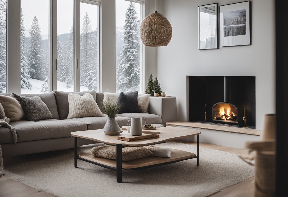 A cozy Scandinavian living room with minimal furniture, natural light, and neutral colors. A large window overlooks a snowy landscape, while a cozy fireplace adds warmth to the room