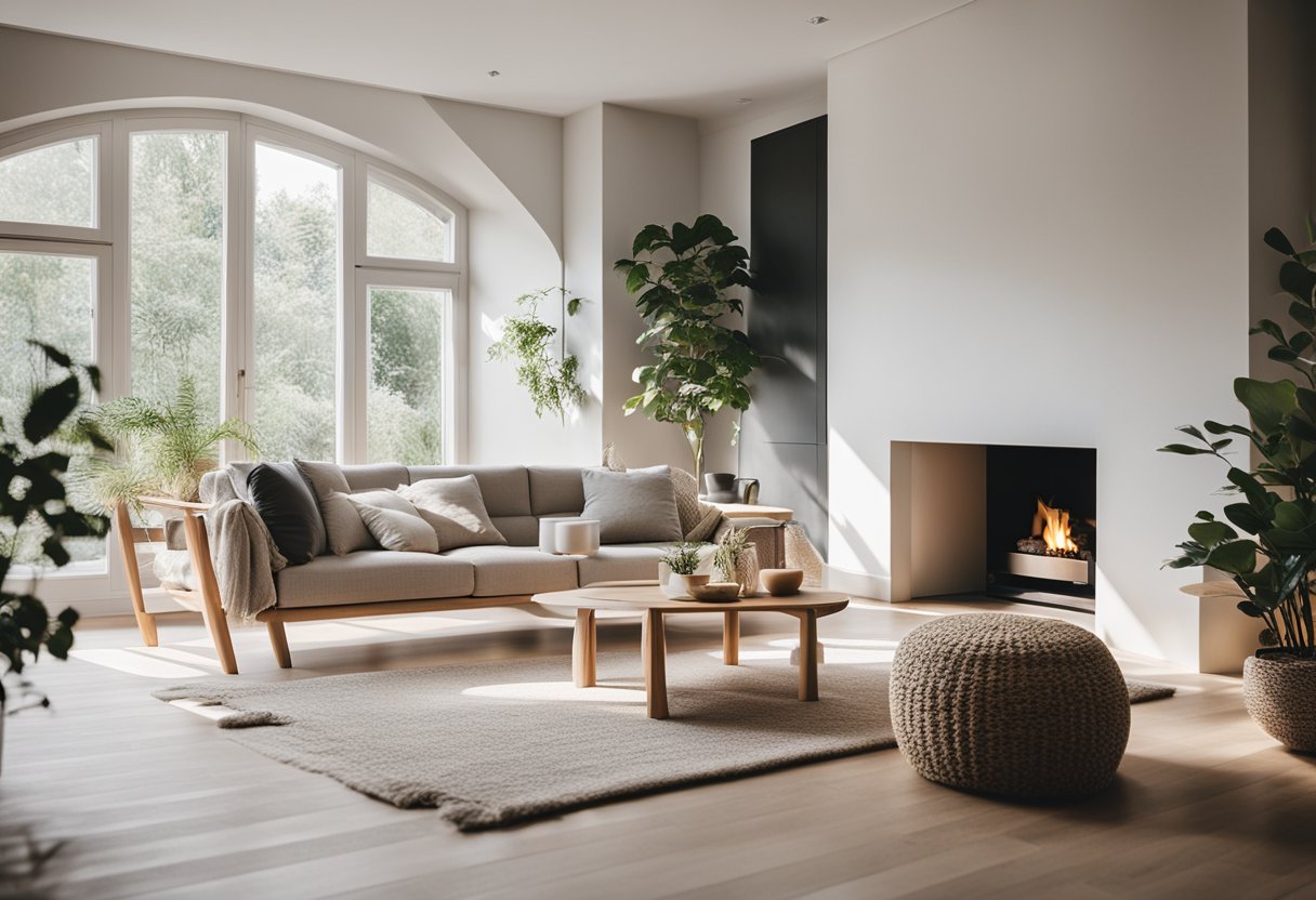 A cozy living room with minimalist furniture, natural light, and neutral colors. A fireplace and a few plants add warmth and a touch of nature to the Scandinavian interior design