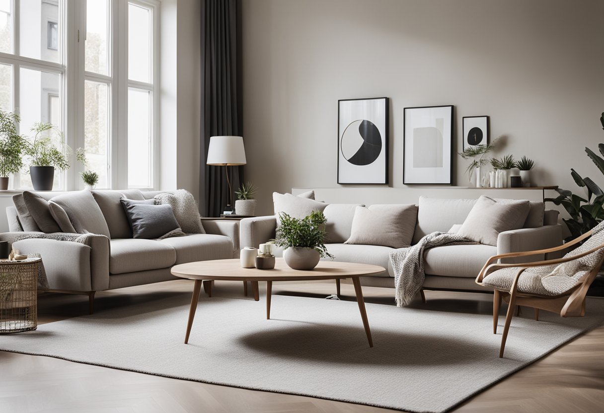 A cozy Scandinavian living room with minimalist furniture, neutral color palette, natural light, and clean lines. A large, plush rug anchors the space, while a statement piece of artwork adds visual interest to the room