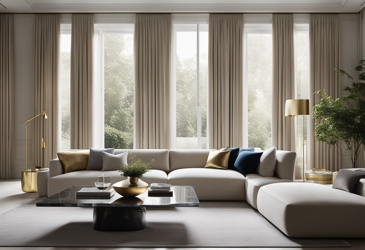 A sleek, minimalist living room with high-end furniture, clean lines, and luxurious materials like marble, velvet, and brass accents. Large windows let in natural light, highlighting the elegant, contemporary design