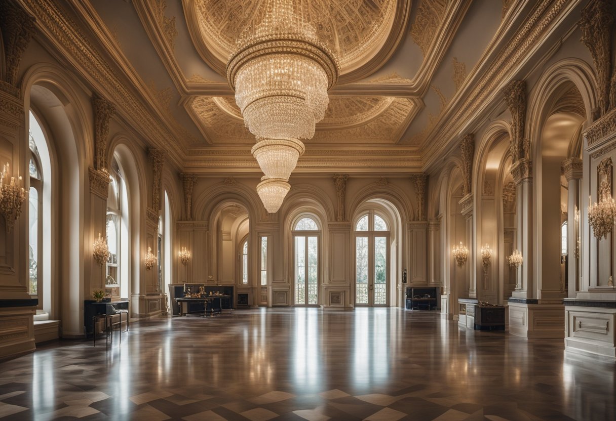 A grand, ornate building with towering arches and intricate details. The interior features luxurious furnishings, elegant chandeliers, and decorative moldings