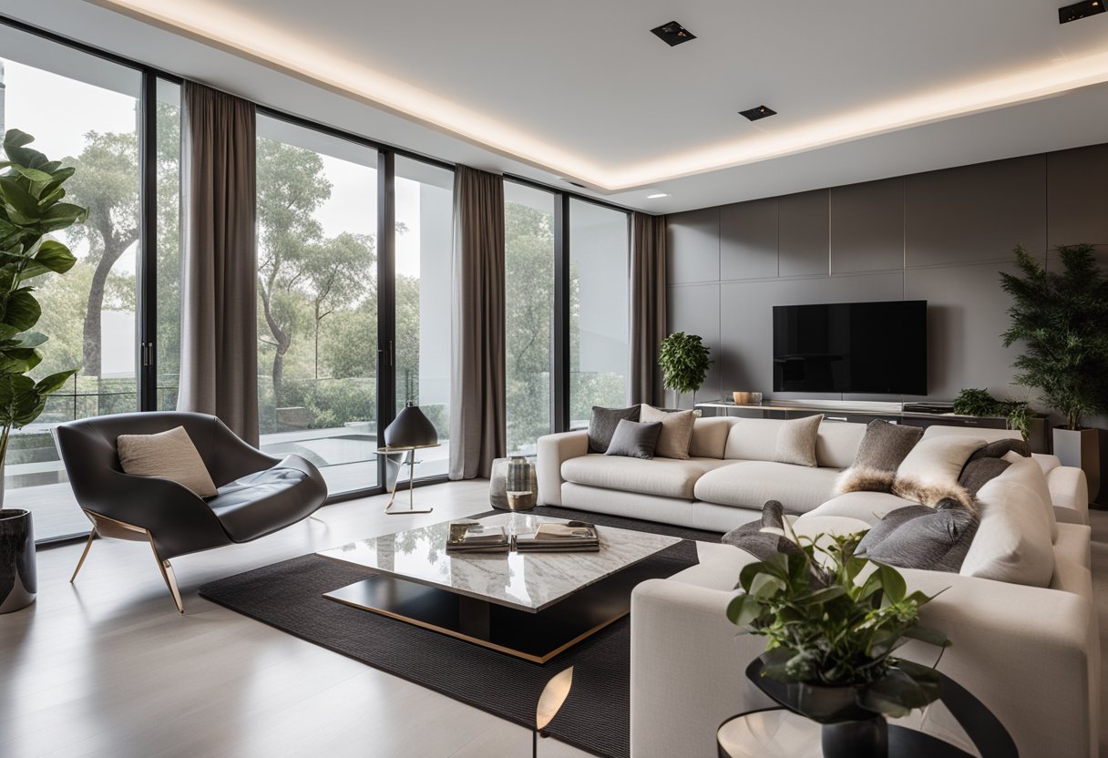 A spacious living room with sleek, minimalist furniture, accented by metallic and marble finishes. Large windows allow natural light to illuminate the room, creating a bright and luxurious atmosphere