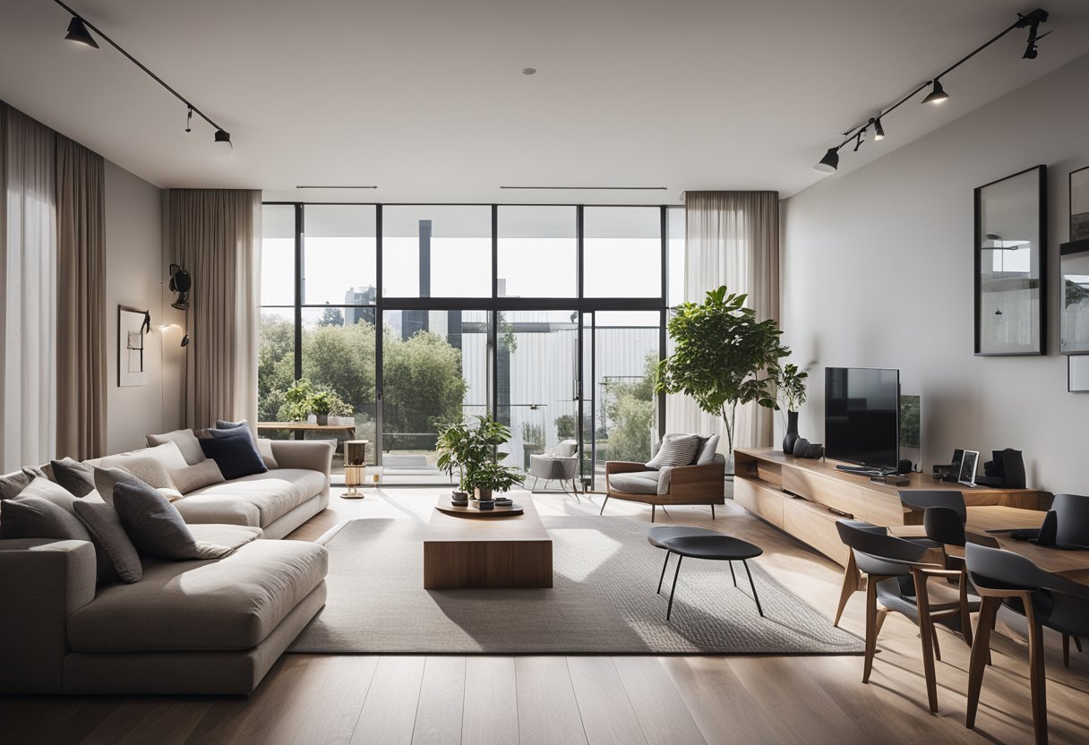A modern, open-plan living space with clean lines, natural light, and minimalist furnishings. A combination of glass, steel, and wood creates a sleek and sophisticated atmosphere