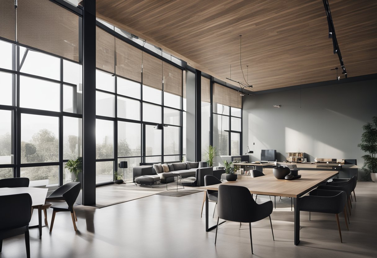 A modern, sleek architectural space with clean lines, open floor plan, and natural light pouring in through large windows. A minimalist interior design with neutral colors, sleek furniture, and subtle accents