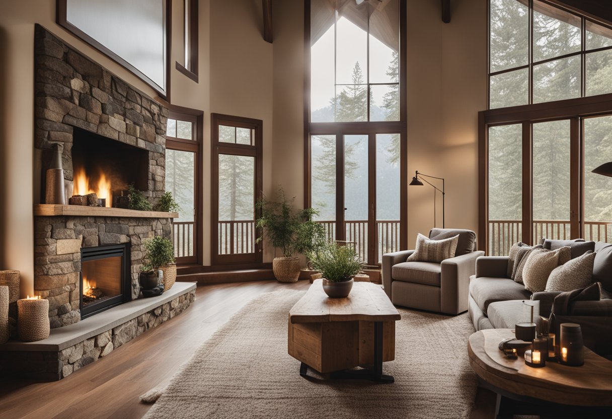 A cozy living room with earthy tones, wooden furniture, and large windows overlooking a forested landscape. A stone fireplace and plush rugs add warmth to the space