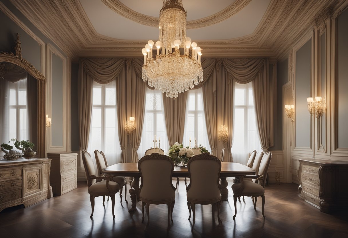 An elegant French home interior with ornate furniture, intricate moldings, and soft, muted colors. A grand chandelier hangs from the ceiling, casting a warm glow over the room