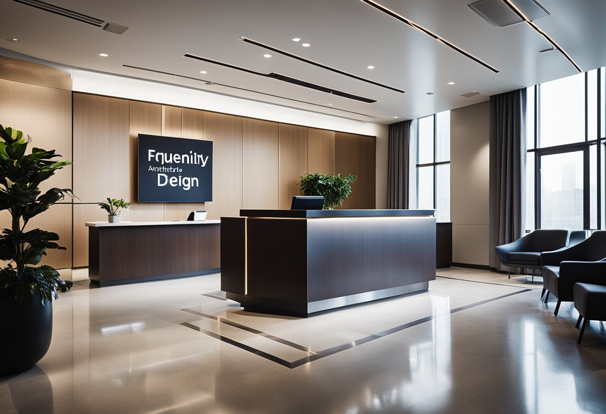A modern, spacious office lobby with sleek, minimalist furniture and large windows letting in natural light. A reception desk is situated in the center, with a sign reading "Frequently Asked Questions architecture and interior design."