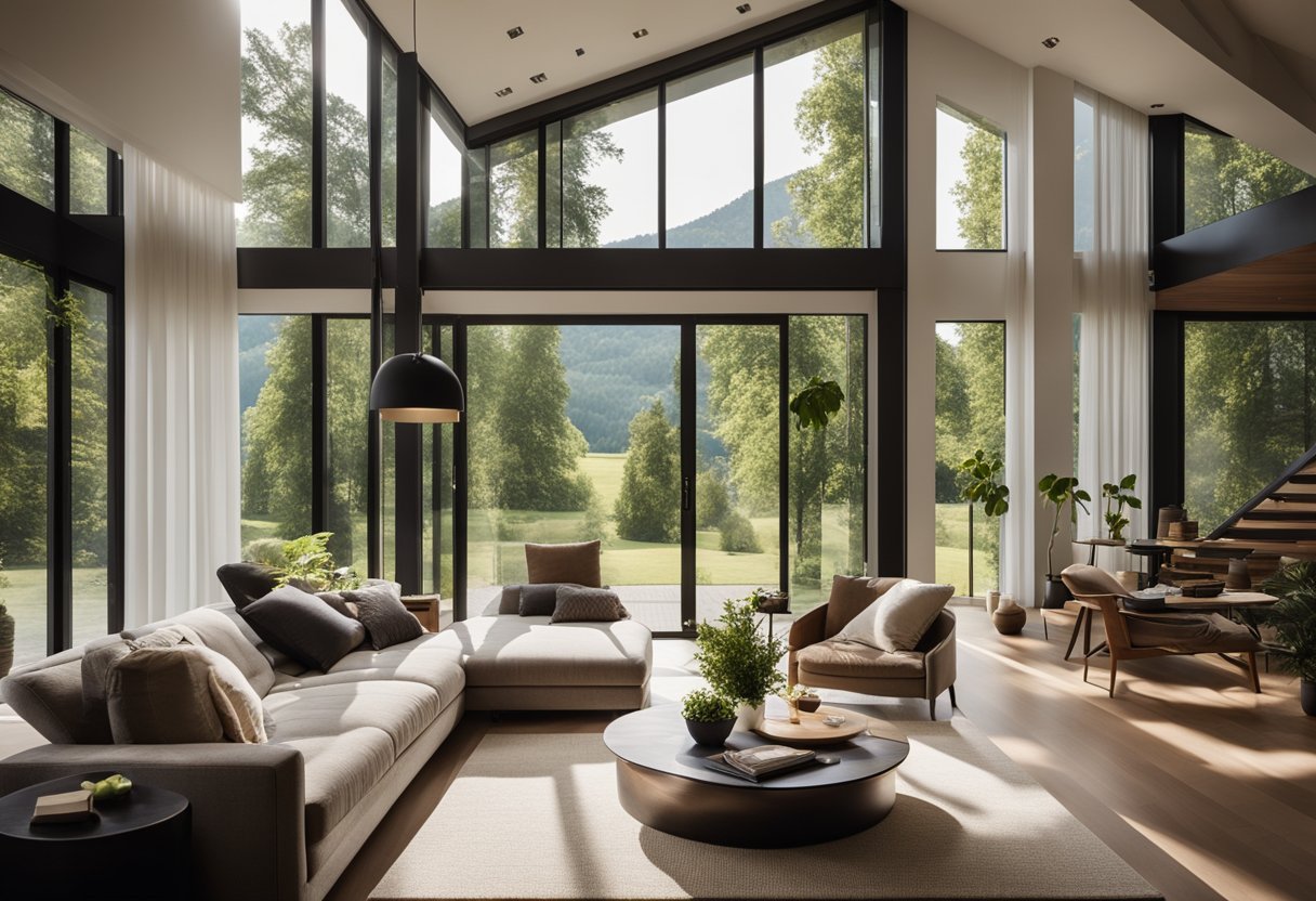 A cozy living room with modern furniture, warm lighting, and large windows overlooking a lush, green landscape