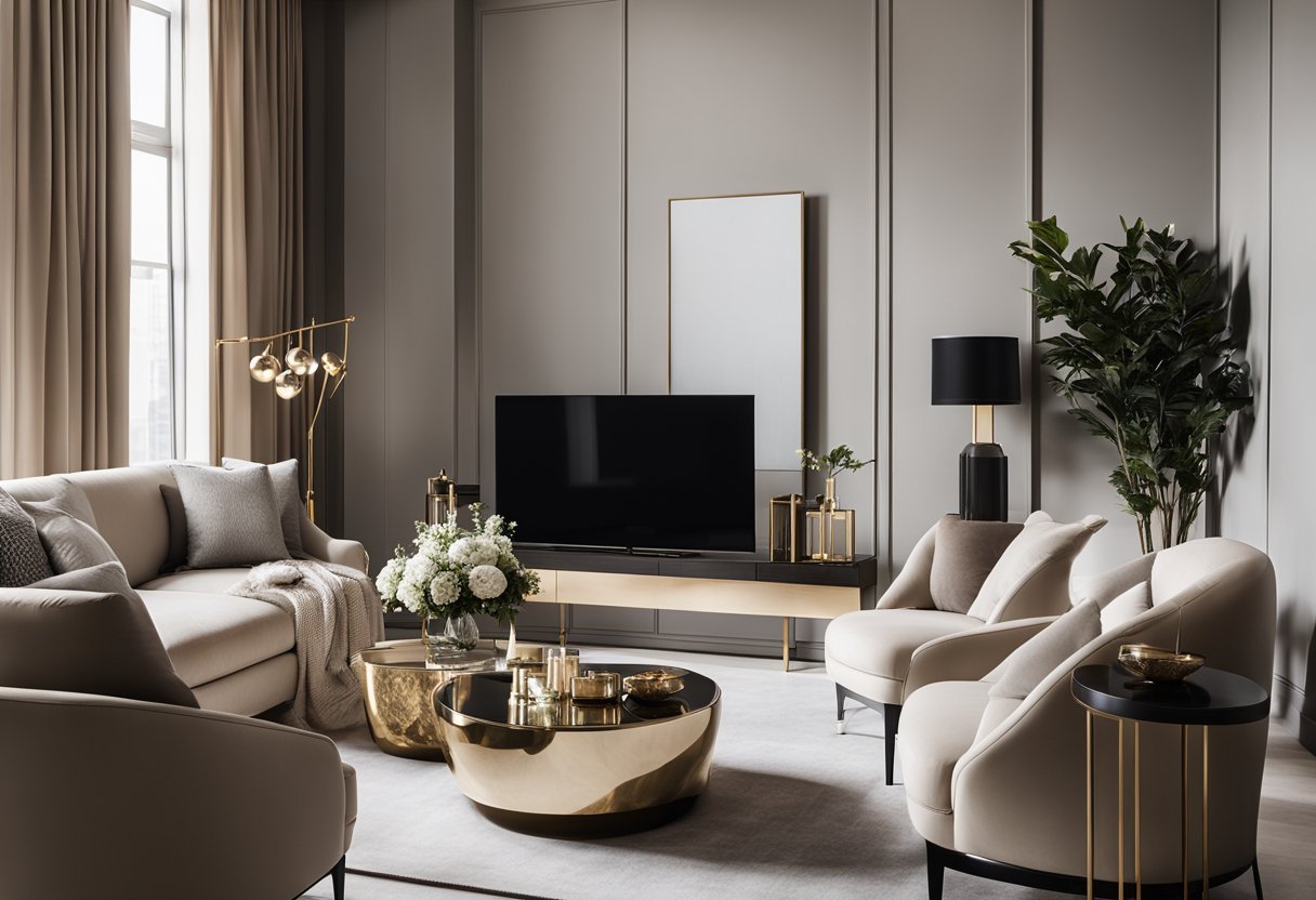 A sleek, minimalist living room with high-end furniture, metallic accents, and a neutral color palette. Clean lines and luxurious textures create a modern luxe atmosphere