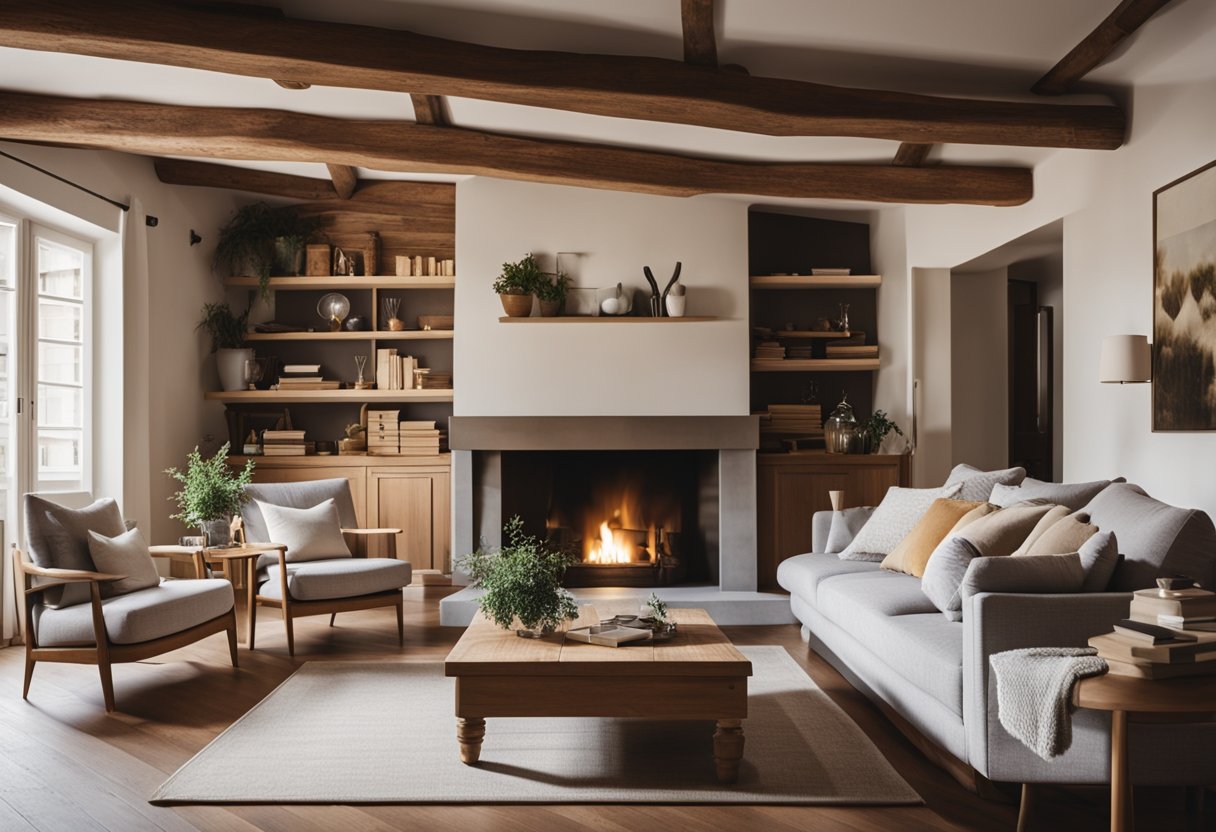 A cozy living room with a fireplace, exposed wooden beams, and elegant furniture in a French home interior design
