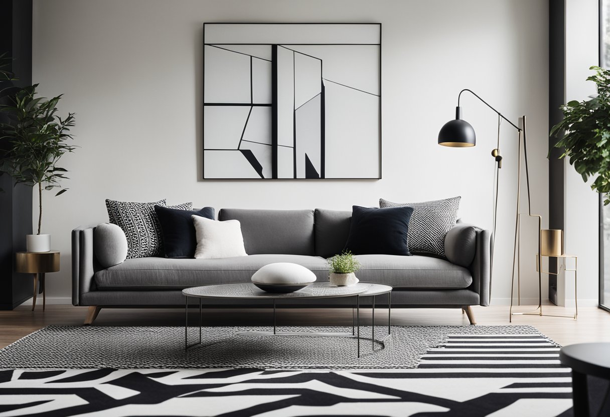A sleek, monochromatic living room with bold patterns and clean lines. A mix of textures creates depth and contrast in the space