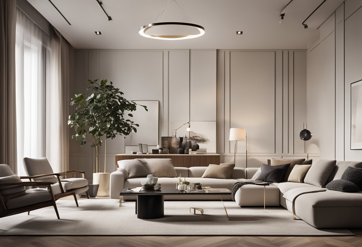 A sleek, minimalist living room with high-end furniture, clean lines, and a neutral color palette. A statement lighting fixture hangs from the ceiling, casting a warm glow over the space