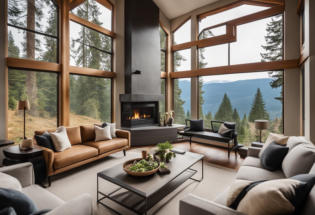 A cozy living room with a modern fireplace, plush couches, and a sleek coffee table. A large window lets in natural light, showcasing the beautiful Pacific Northwest landscape