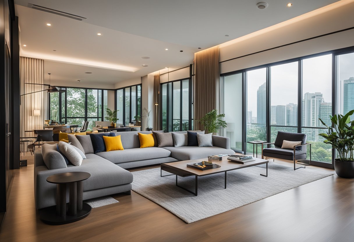 A modern Singapore house interior with clean lines, minimalist furniture, and pops of color. Large windows let in natural light, showcasing the sleek design