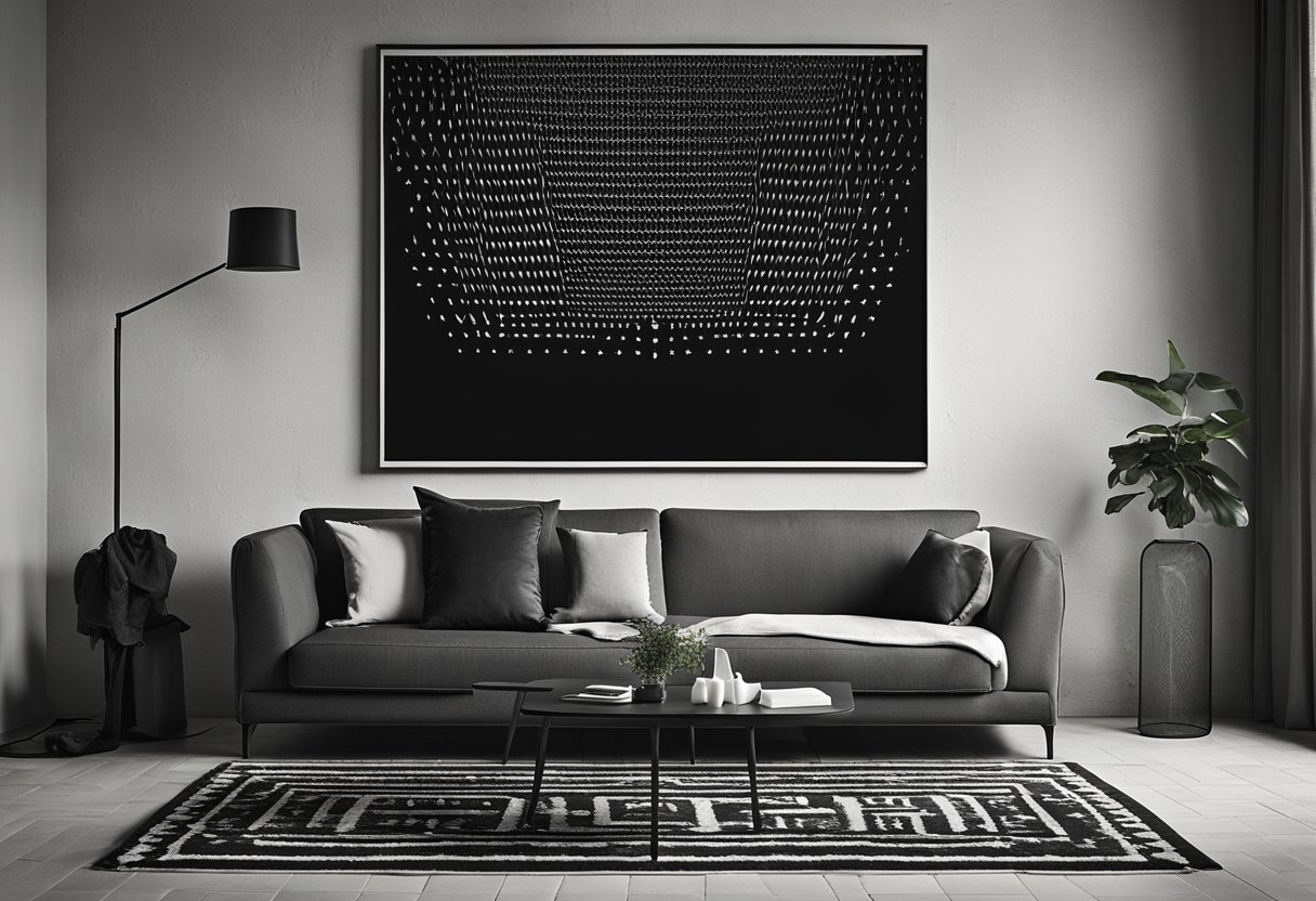 A sleek black sofa sits against a white brick wall. A monochrome rug with geometric patterns anchors the room. A minimalist black and white artwork hangs above the sofa, adding a modern touch to the space