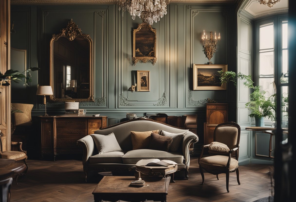 A cozy French home interior with ornate moldings, vintage furniture, and soft, ambient lighting