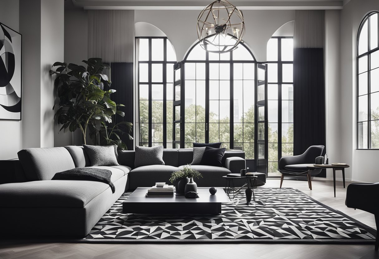 A sleek, monochrome living room with geometric patterns, high contrast furniture, and natural light streaming in through large windows