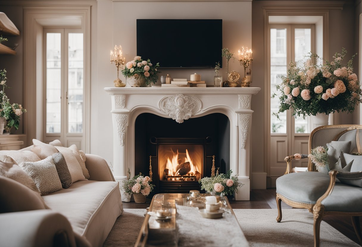 A cozy French home interior with elegant furniture, soft color palette, and ornate details. A fireplace, vintage chandelier, and floral accents complete the charming design