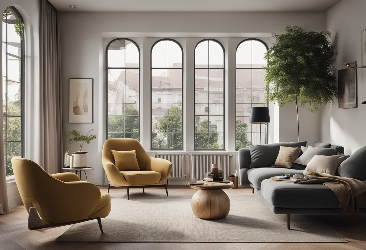 A modern living room with sleek furniture, large windows, and a minimalist color scheme. A cozy reading nook with a comfortable armchair and a small side table