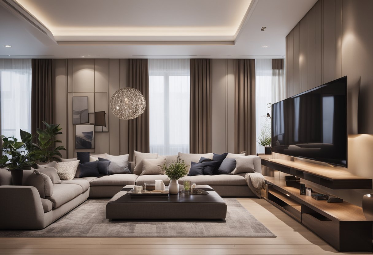 A cozy living room with modern furniture and warm lighting. A spacious kitchen with sleek appliances and a stylish dining area. A luxurious bedroom with a comfortable bed and elegant decor