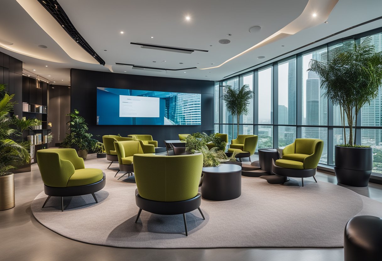 A modern office space with sleek furniture and vibrant decor, showcasing a list of interior design companies in Singapore on a large digital screen