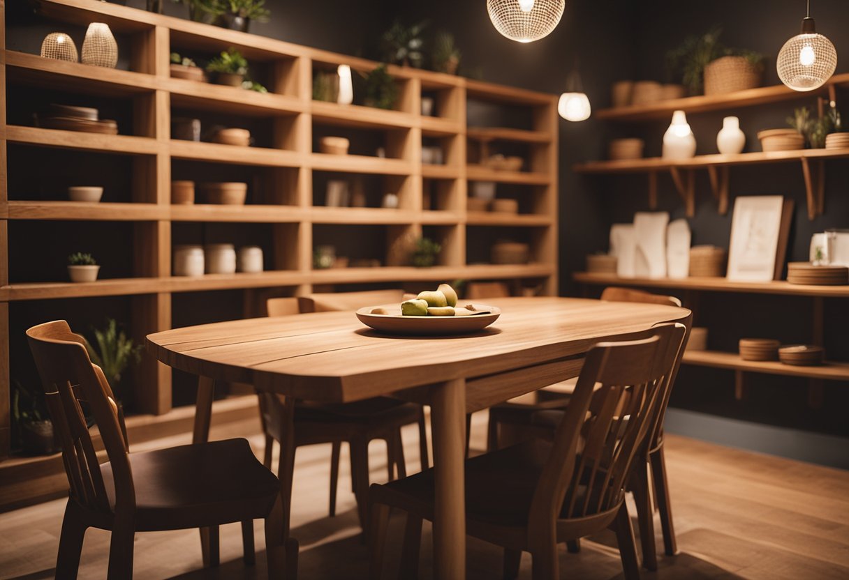 A cozy woodcraft interior with a handcrafted wooden table, chairs, and shelves. Soft lighting highlights the natural grain and texture of the wood
