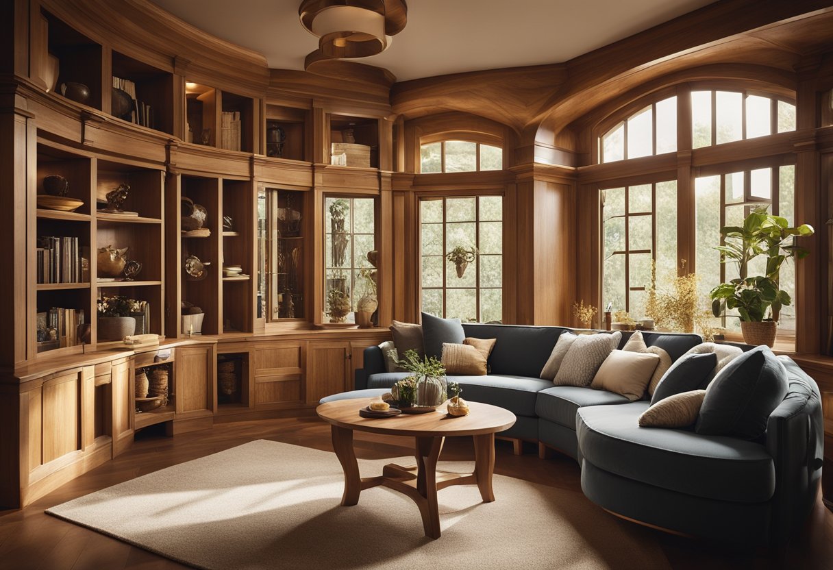 A cozy woodcraft interior design with custom-made furniture and intricate woodwork, adorned with warm lighting and natural elements, creating a dreamy and inviting space