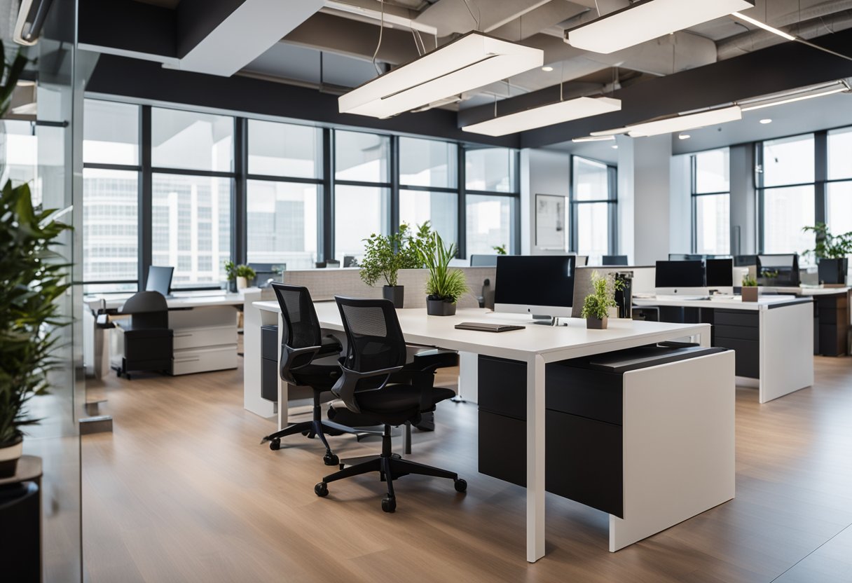 A sleek, modern office space with clean lines and pops of vibrant color. A mix of natural and artificial lighting creates a warm and inviting atmosphere