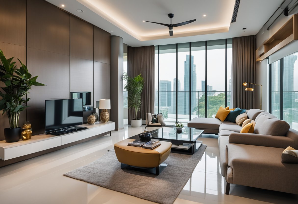 A modern Singapore house interior with sleek furniture, clean lines, and pops of vibrant color. Open floor plan with natural light streaming in