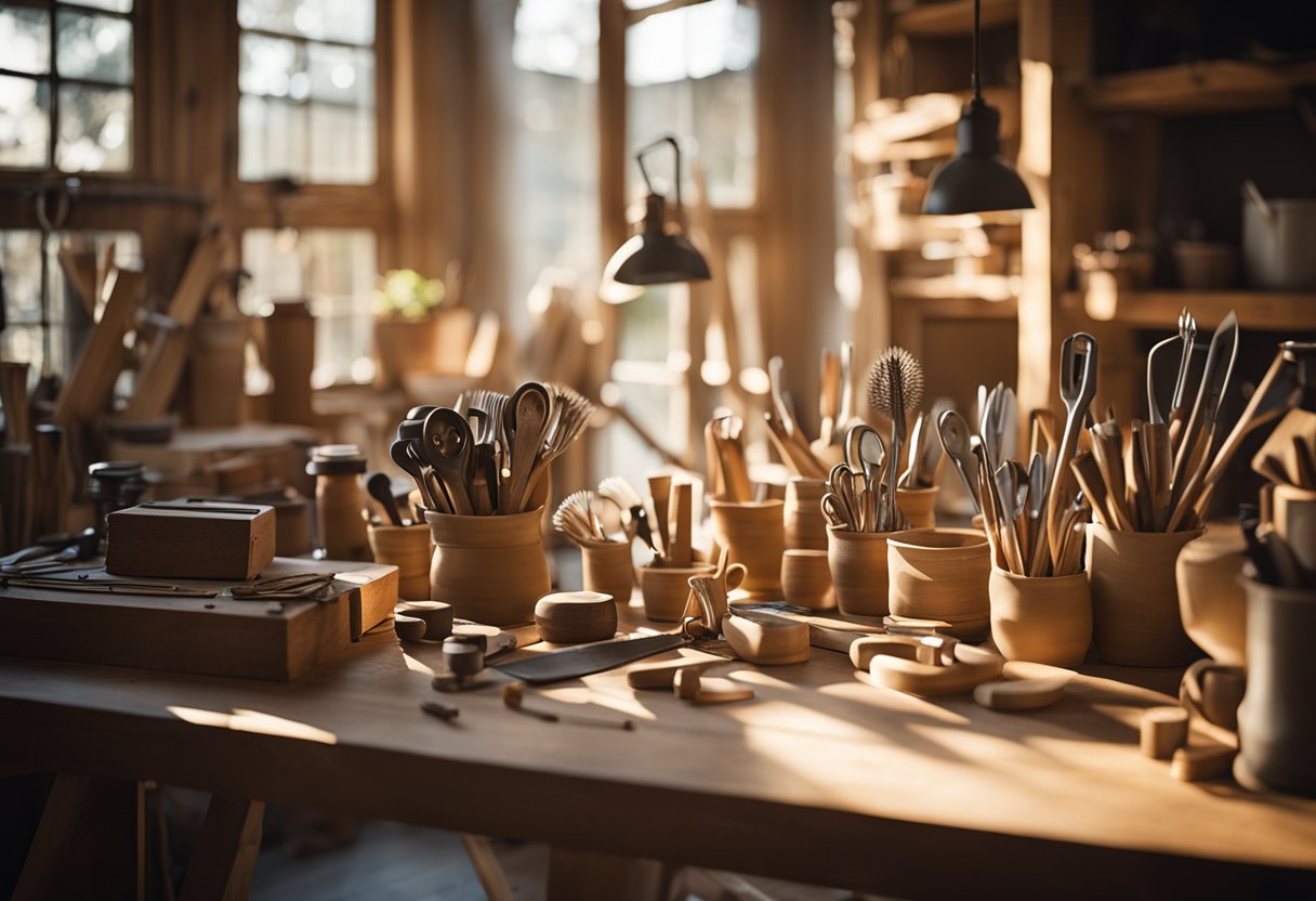 A cozy woodcraft studio with tools, unfinished projects, and inspirational decor. Sunlight streams in through large windows, casting warm, inviting shadows