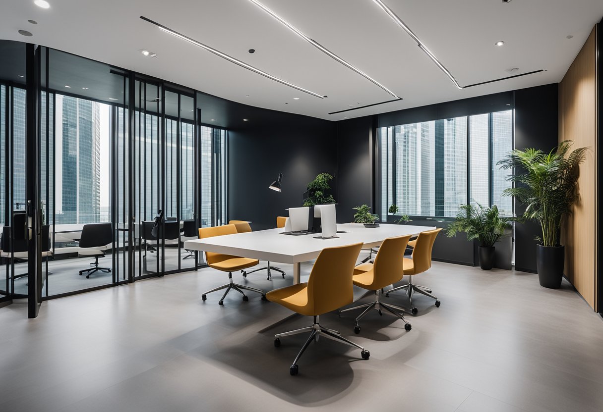 A sleek, modern office space with clean lines and minimalist furniture, showcasing a list of essential design elements and services for interior design companies in Singapore