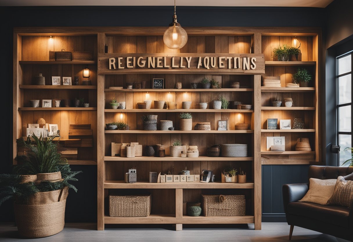 A cozy woodcraft interior with shelves displaying handmade items, a comfortable seating area, and a sign reading "Frequently Asked Questions."