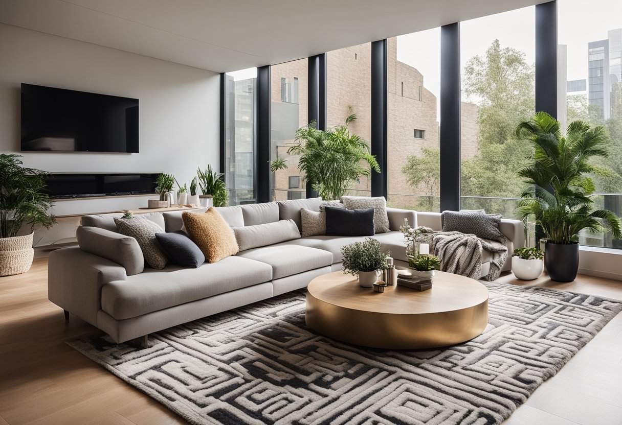 A cozy living room with a large, plush sofa, a modern coffee table, and a statement rug. The walls are adorned with framed interior design quotes, and the room is filled with natural light from large windows