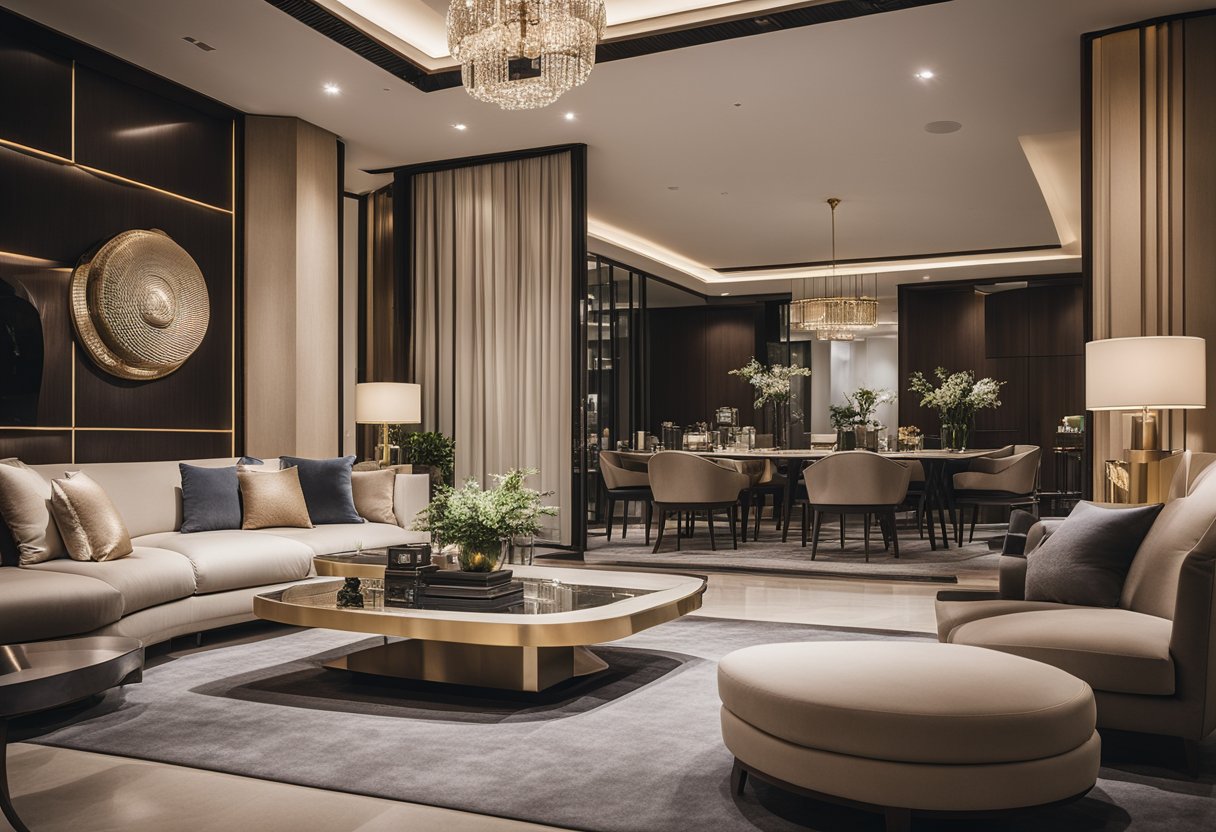Luxurious Singapore interior: sleek, modern furniture, rich textures, and elegant accents. Clean lines and a neutral color palette create a sophisticated, posh atmosphere