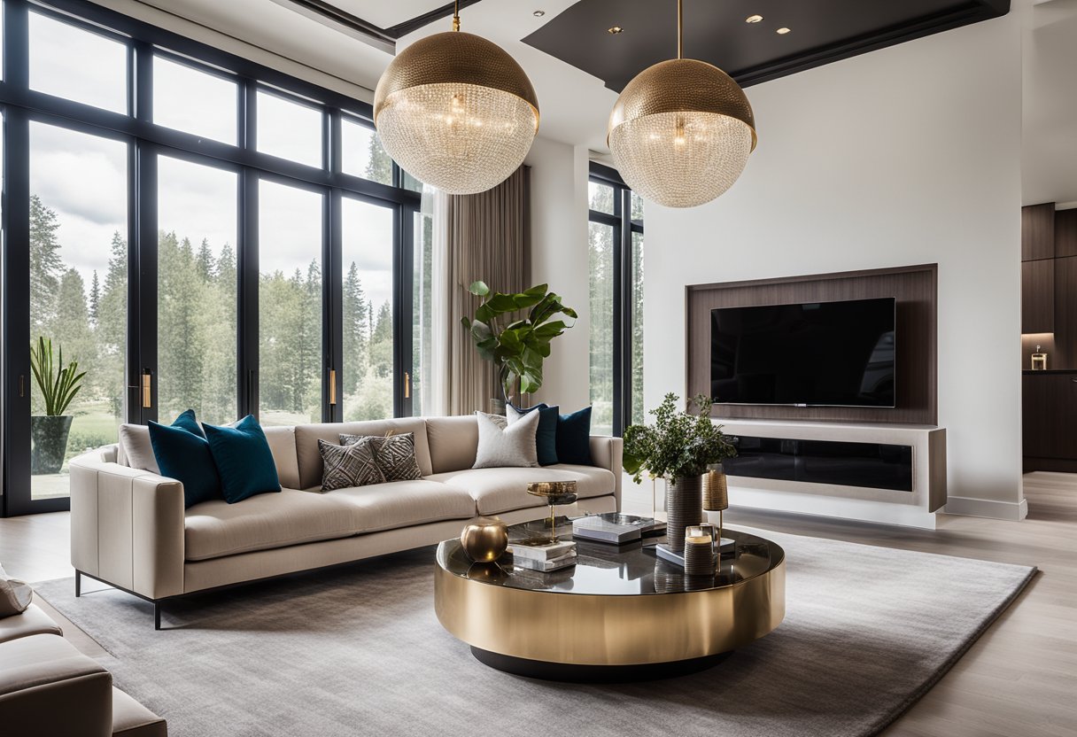 A luxurious living room with modern furniture, elegant lighting, and tasteful decor. A sleek color palette of neutral tones with pops of rich, jewel-toned accents. High ceilings and large windows bring in natural light, creating a sophisticated and inviting space