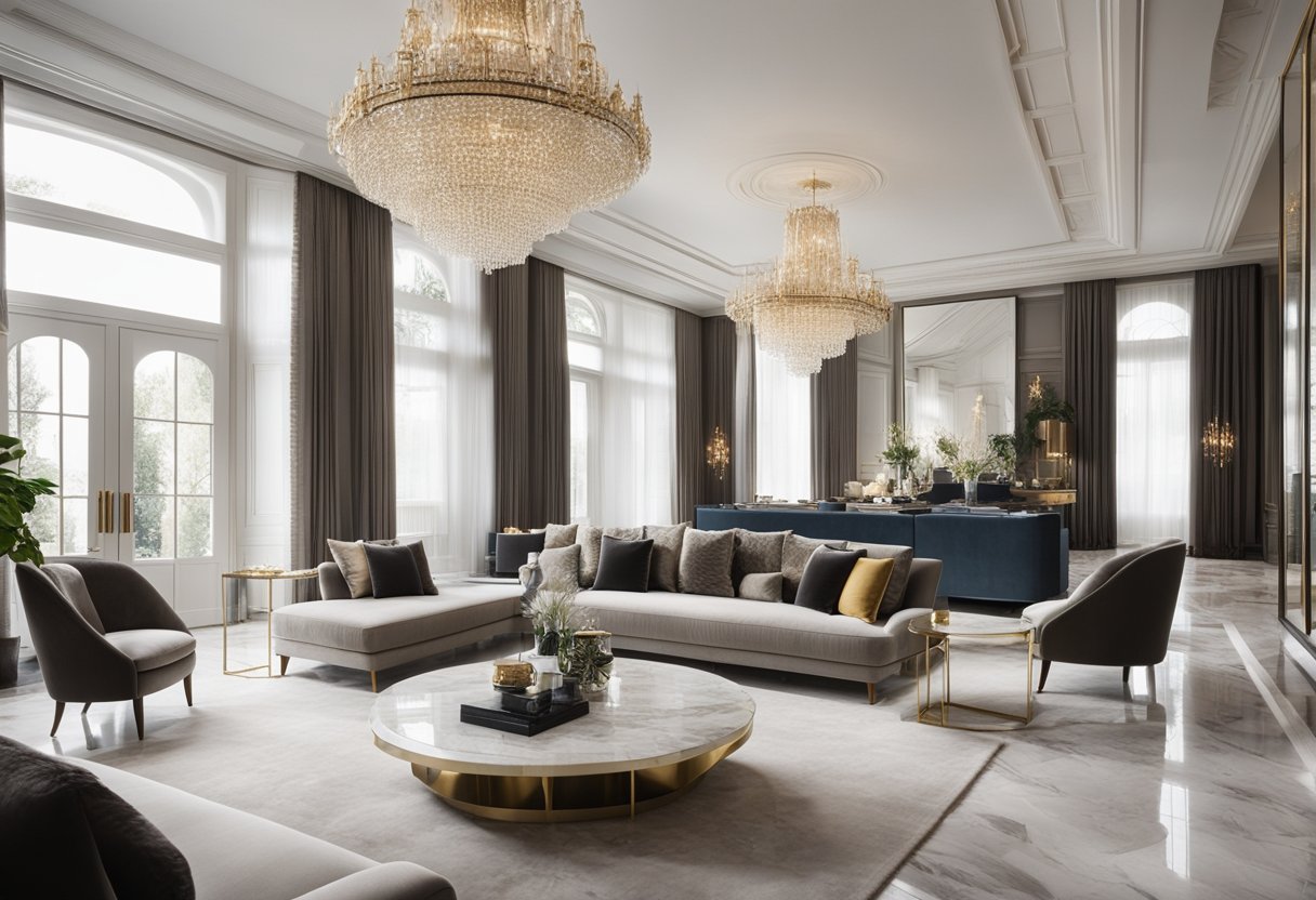 A luxurious living room with plush velvet sofas, elegant chandeliers, and contemporary artwork. The space is flooded with natural light, highlighting the sleek marble floors and opulent decor