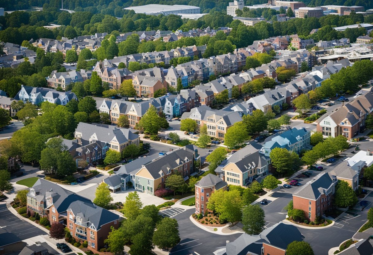 Aerial view of Brookhaven with colorful buildings and bustling streets