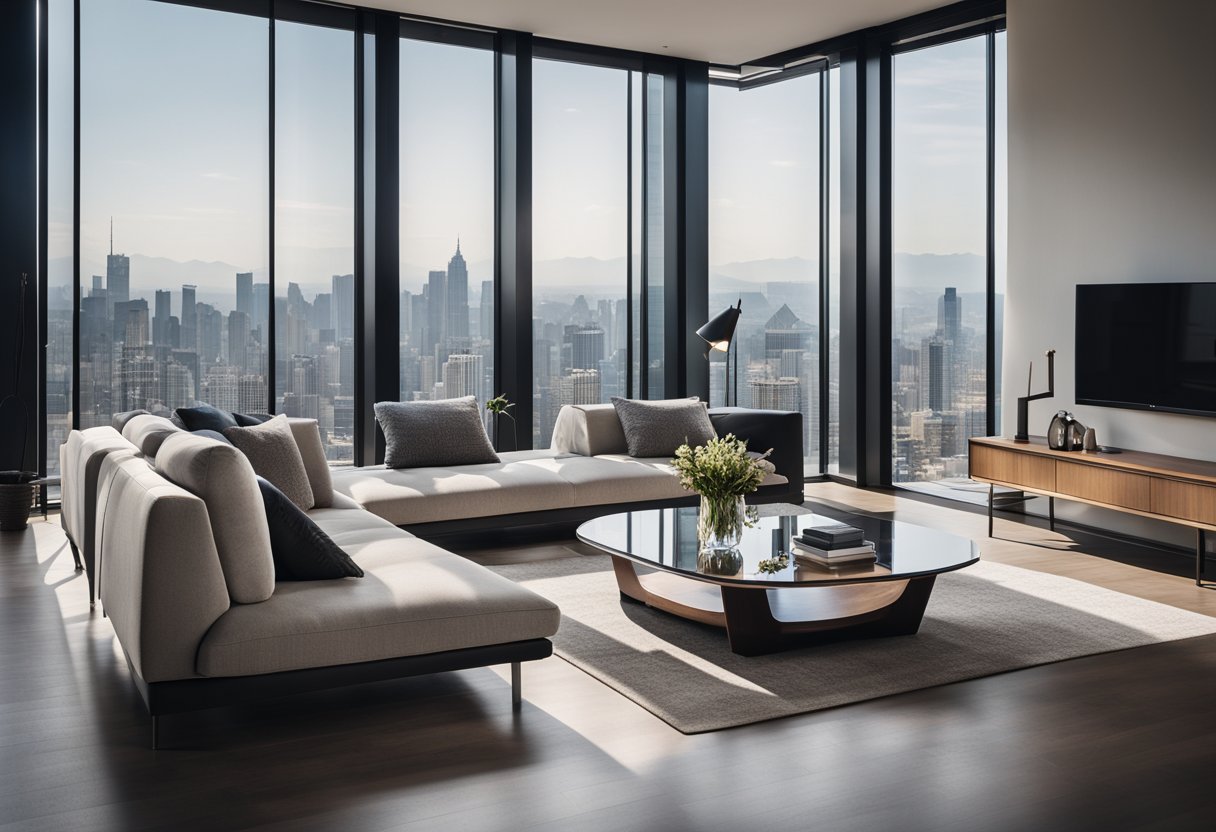 A modern living room with a minimalist design, featuring a sleek sofa, coffee table, and floor-to-ceiling windows with a city view