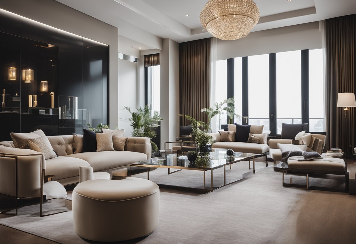 A luxurious interior with modern furniture and elegant decor, featuring a sleek color palette and stylish accents