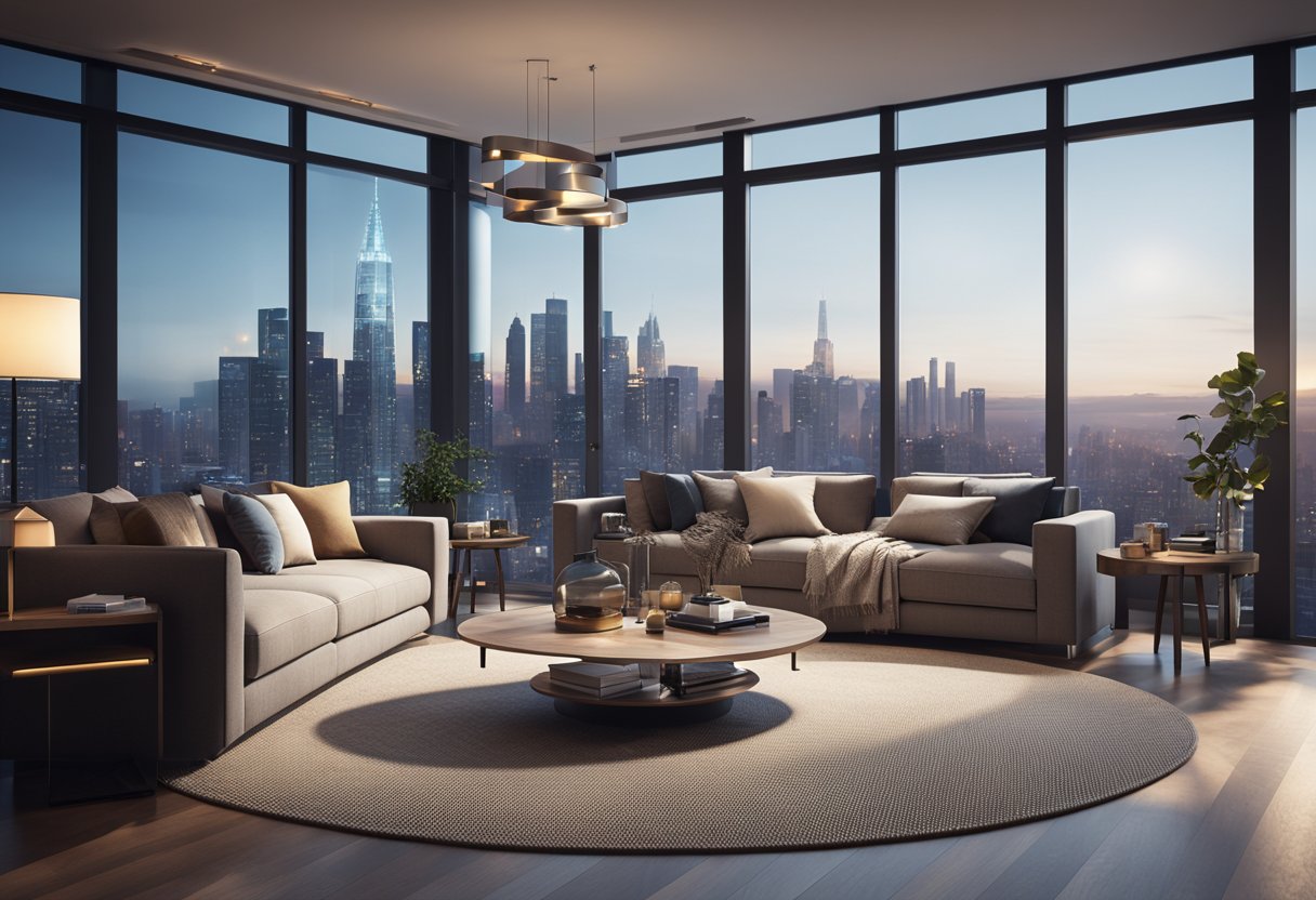 A modern living room with sleek furniture, soft lighting, and a large window overlooking a city skyline. Textures and details are emphasized in the 3D rendering
