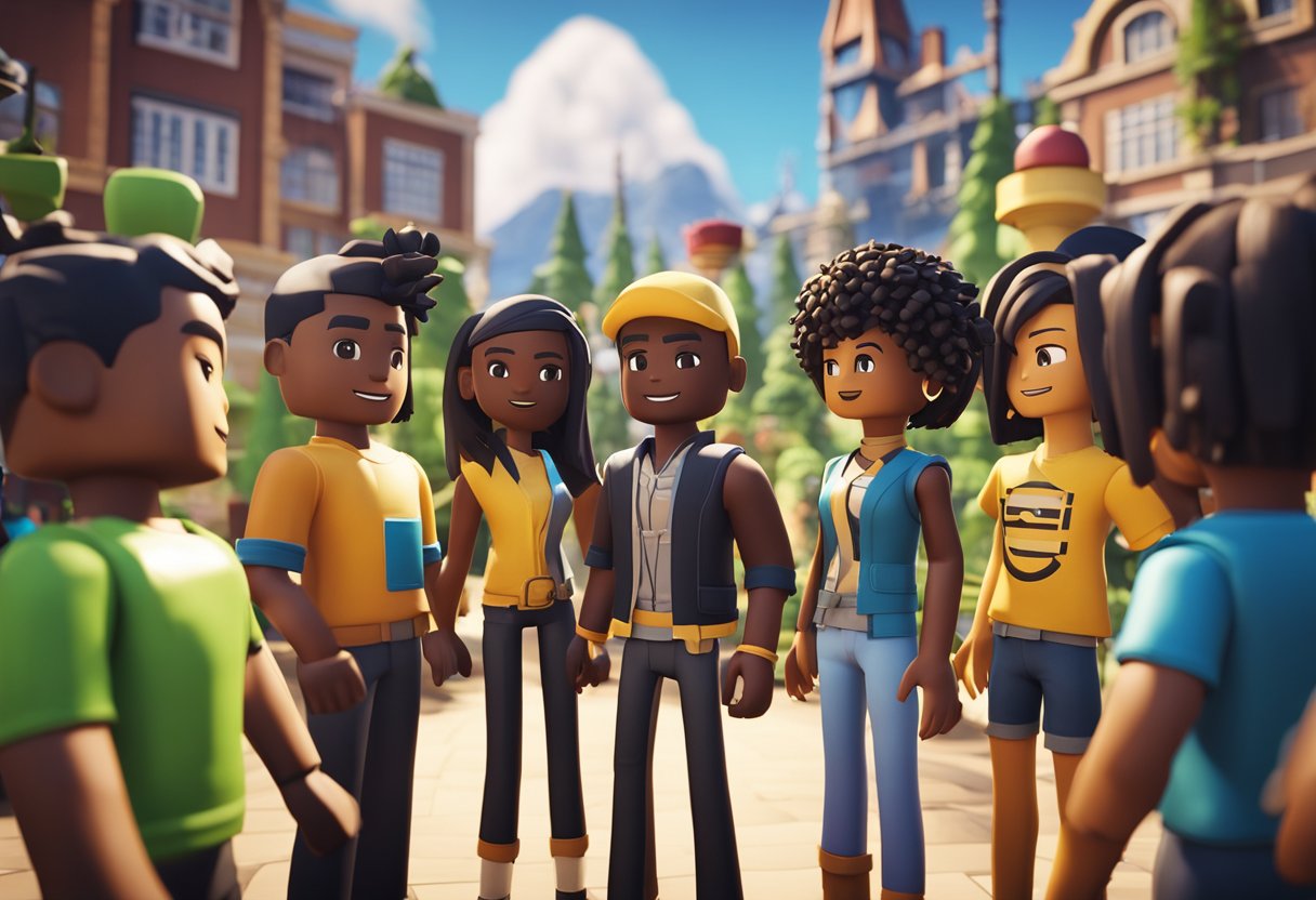 A diverse group of avatars gather in a virtual town, engaging in various activities and socializing in the Roblox Brookhaven game