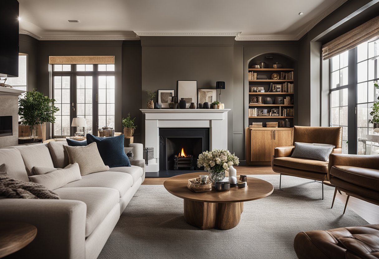 A spacious living room with a large, plush sofa, a vintage coffee table, and a cozy fireplace. The walls are adorned with framed artwork, and the room is filled with warm, natural light