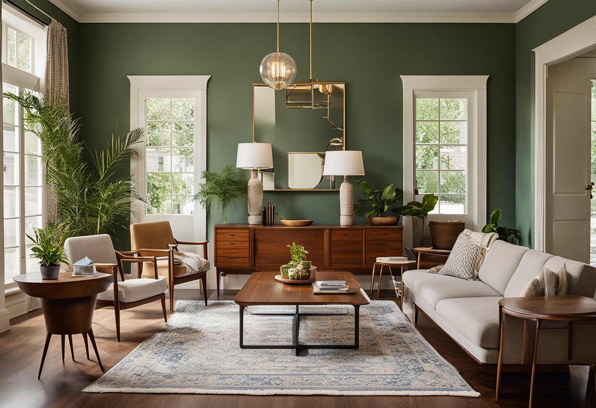 A colonial-era room with wooden furniture and simple decor transitions into a mid-century modern space with clean lines and bold colors, eventually evolving into a contemporary open-concept layout with minimalist furnishings and neutral tones