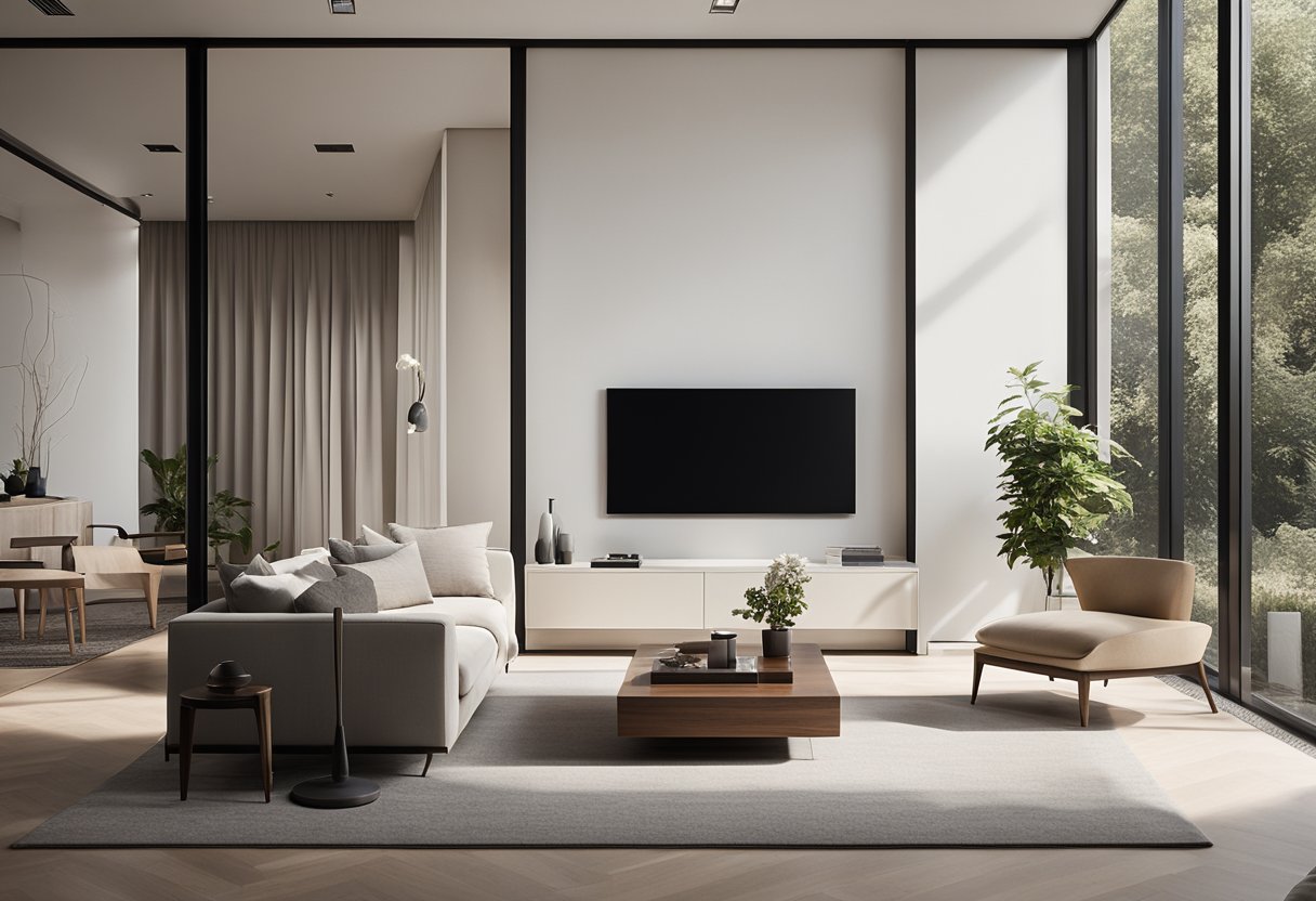 A sleek, modern living room with clean lines, minimalistic furniture, and a neutral color palette. Large windows allow natural light to fill the space, highlighting the carefully curated decor and artwork