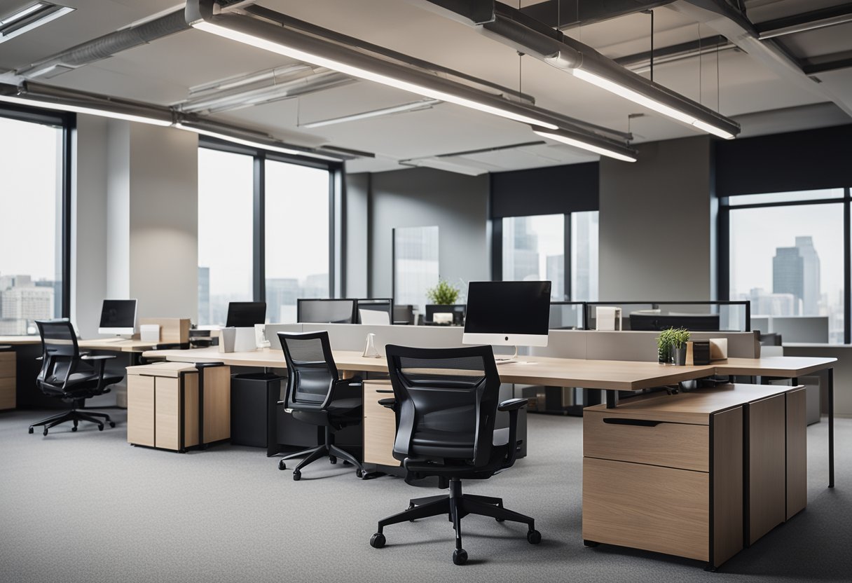 A modern office space with sleek furniture, clean lines, and a neutral color palette. Large windows allow natural light to fill the room, creating a bright and airy atmosphere
